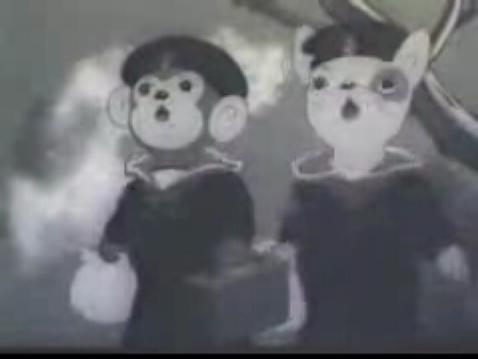 Kuva 1. Momotarô Umi no Shinpei (Momotaro’s Divine Sea Warriors), vuonna 1945 julkaistu, ensimmäinen japanilainen täyspitkä elokuva. Merivoimien tilaama propagandaelokuva