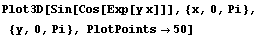 Plot3D[Sin[Cos[Exp[y x]]], {x, 0, Pi}, {y, 0, Pi}, PlotPoints50]